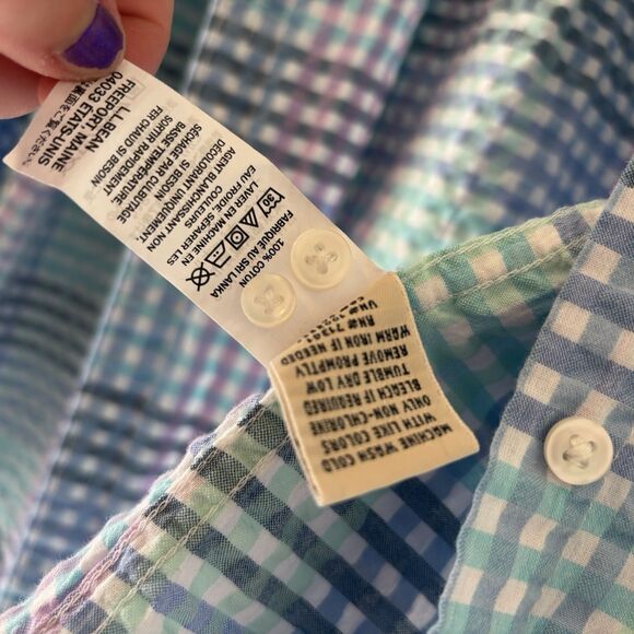 LL Bean Vacationland Seersucker Pastel Gingham Plaid Button Up Shirt Size Large - Picture 9 of 13